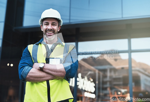 Image of Engineering, arms crossed and architecture with portrait of man in city for planning, designer or industry. Building, project management or infrastructure with male contractor on construction site