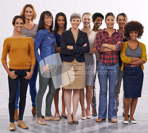 Image of Women, studio and portrait with diversity, business people and leadership with pride. Isolated, white background and female empowerment with staff and friends together with support and success