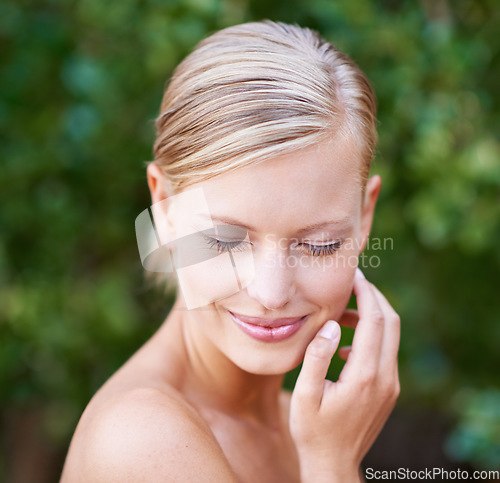 Image of Makeup with face, headshot of happy woman and skincare wellness or cosmetics in blurred background. Dermatology or aesthetic, young female model promoting self care and healthcare or beauty treatment