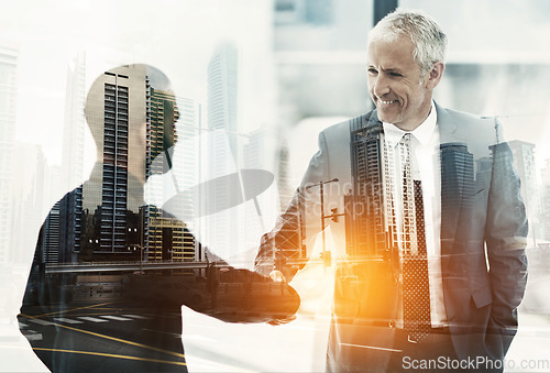 Image of Overlay, partnership and business men shaking hands in agreement in the city for corporate success. Double exposure meeting, flare and handshake for welcome, thank you or collaboration in an office