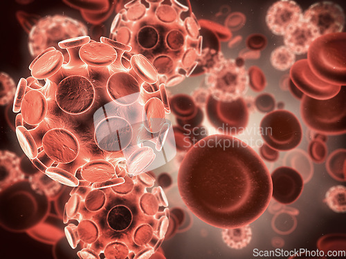 Image of Virus, red blood cells and science with microscope view for research. Zoom immune system or molecule, microscopic organisms in dna of healthcare and experiment process or medicine discovery.