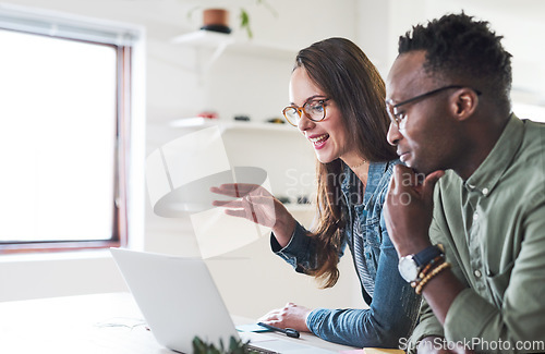 Image of Team at startup, laptop and video call with collaboration in virtual meeting, people working together in workplace. Black man, woman and strategy discussion seminar on pc, teamwork and communication