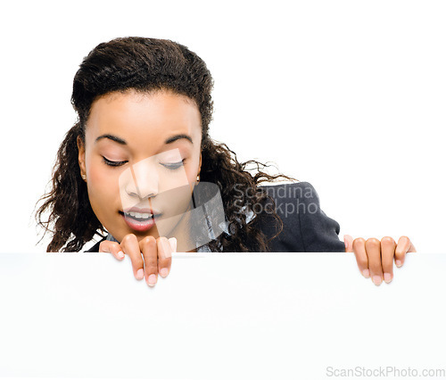 Image of Business, black woman or showing poster promotion, billboard branding mockup or product placement space. Employee, corporate or worker and placard paper for about us logo on isolated white background