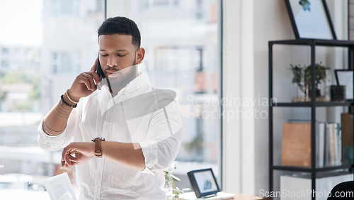 Image of Work, time check and a businessman on a phone call for communication, appointment and conversation. Late, talking and a corporate employee reading a watch for notification while speaking on a mobile