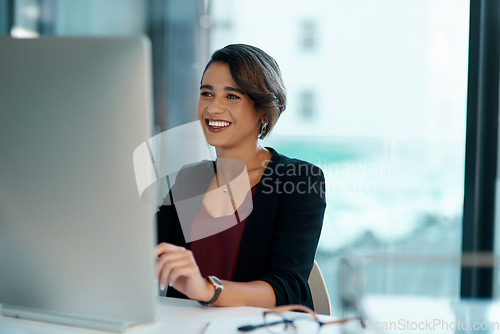 Image of Computer, happy and business woman with online solution, software management and reading company review. Working, website planning and smile of professional worker or person on desktop pc in office