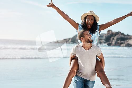 Image of Beach adventure, piggyback and excited couple with space on summer holiday travel to ocean. Love, man and happy woman at sea, happiness on date in nature and vacation together in Mexico with mockup.