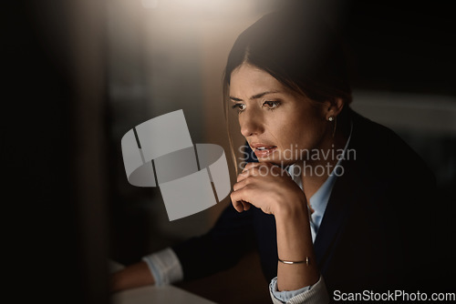 Image of Computer, thinking and professional woman ideas for business review, software check and solution at night. Corporate person with information technology, desktop problem solving and research analysis