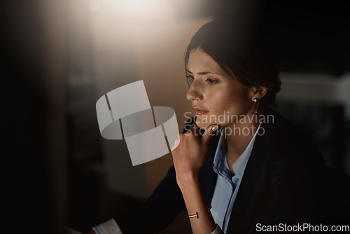 Image of Computer, thinking and business woman ideas for online project, software check and brainstorming solution at night. Corporate person with information technology, problem solving and research analysis