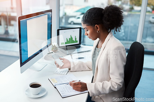 Image of Business woman with phone, notebook and schedule at desk with calendar app and daily agenda at corporate agency. Professional female person writing in diary, check mobile and planning tasks in office