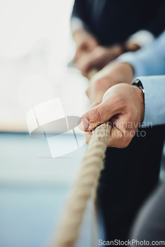 Image of Hand, rope and business people with tug of war game for team building and collaboration, competition and mockup. Corporate conflict resolution, challenge and teamwork with employees in workplace