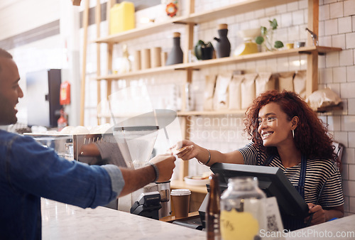 Image of Credit card, coffee shop and happy woman with customer for payment, financial transaction and point of sales service. Finance, trade and bills at cashier in cafe, b2c shopping and restaurant store