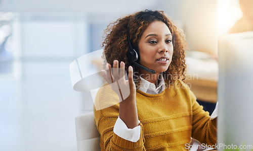 Image of Communication, crm or woman in call center consulting, speaking or talking at customer services office. Virtual assistant, explain or sales consultant in telemarketing or telecom company help desk