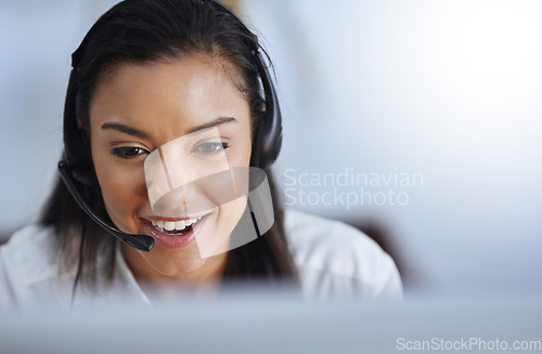 Image of Talking, face or happy woman in call center consulting or speaking at customer services help desk. Virtual assistant, friendly girl or sales consultant in telemarketing or telecom company office