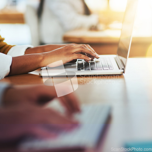 Image of Hands, coworking or person typing on laptop networking on business project or online research at office desk. Woman, closeup or worker copywriting on blog report or internet article with keyboard