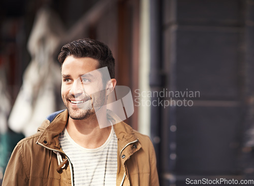 Image of Street, urban fashion and happy man on sidewalk with smile on face, mockup and sunshine outside cafe. Happiness, streetwear and hipster male model walking in city, relax and sightseeing on holiday.