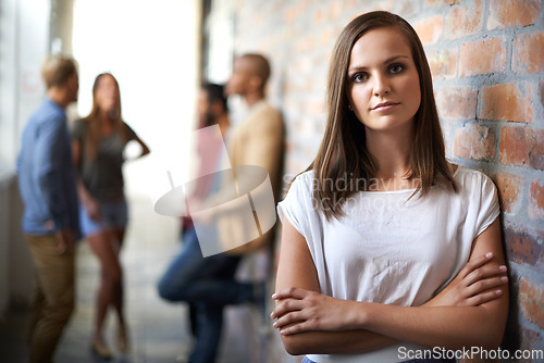 Image of University, hallway or portrait of woman with crossed arms for education, knowledge and learning. College, academy or scholarship female student with friends in campus corridor for studying or school