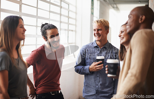 Image of Talking, group and friends in a hallway, students and conversation with happiness, bonding and joyful. Diversity, young people and men with women, communication and discussion in a lobby with a smile