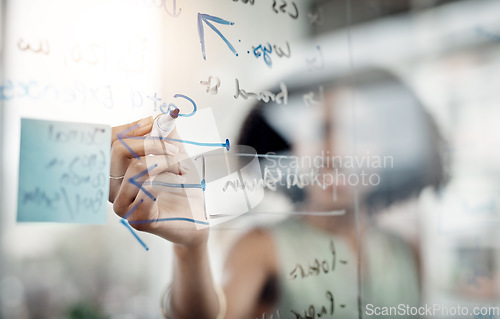 Image of Glass wall, hands and business woman writing, planning or strategy in office. Brainstorming, board and female person write ideas, working on project and schedule, analysis or information in workplace