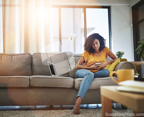 Image of Relax, home and woman with a smartphone, typing and connection with social media, communication and digital chatting. Female person, laptop and girl on a couch, cellphone and mobile app for texting