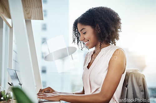 Image of Business, laptop and black woman with startup success, workplace and connection with new project. Female professional, entrepreneur or freelancer with happiness, typing or website launch in an office