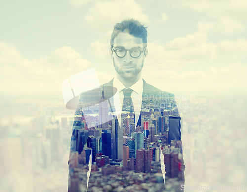 Image of Business man, cityscape and portrait with double exposure, entrepreneurship and ceo in suit. Young businessman, overlay and corporate manager by skyline in metro with skyscraper, clouds and vision