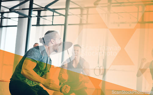 Image of Fitness, man and scream to celebrate success at gym with group in class for power challenge or strong muscle. Athlete people together for workout, motivation or exercise goals with mockup overlay
