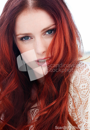 Image of Red hair, woman and face outdoor with beauty care with cosmetics and makeup. Female person, young model and portrait with ginger and beautiful redhead hairstylist treatment with skin cosmetic