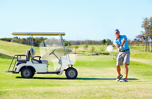 Image of Sports, relax and swing with man on golf course with cart for hobby, training and competition. Game, action and fitness with male golfer and stroke on grass field for golfing, summer and recreation