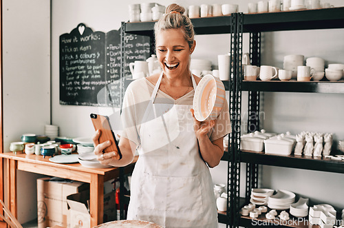 Image of Happy woman, pottery and selfie in small business for social media, advertising or vlog at store. Female person or retail owner smiling with clay bowl for photo or online post on mobile smartphone