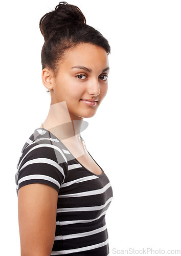 Image of Portrait, smile and woman with beauty, fashion and confident girl isolated against a white studio background. Face, happy female person and young model with casual outfit, wellness and happiness