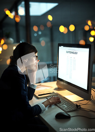 Image of Night, computer screen or business woman with research networking overtime on digital technology website. Late, lens flare or focused female employee online for company deadline on internet in office