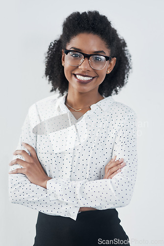 Image of Smile, business and portrait of black woman with arms crossed in studio isolated on a white background mockup. Glasses, confidence and face of professional, entrepreneur or person from South Africa.