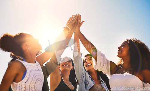 Image of High five, hands and women outdoors for solidarity, trust and goal collaboration. People, commitment and friends with hand in support of success, celebration and partnership deal, unity and excited