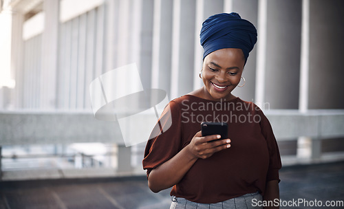 Image of African business woman, city and texting with phone, smile and happiness for contact, chat or email notification. Female entrepreneur, smartphone and networking with excited face for communication