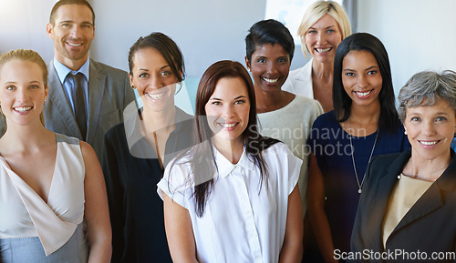 Image of Group, portrait and happy business people with leadership, career management and diversity in workplace or company. Smile on face of employees, women or men together for teamwork and career mindset
