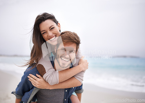 Image of Love, piggyback and portrait of couple at a beach, hug and laughing while bonding outdoors. Face, embrace and happy man with woman at ocean for travel, freedom or vacation, holiday or Florida trip