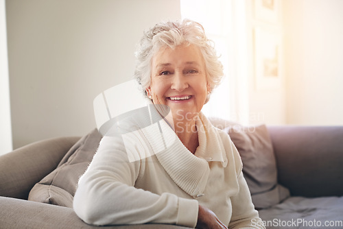 Image of Relax, happy and portrait of old woman on sofa for free time, retirement and weekend. Smile, happiness and mindset with senior person in living room at home for elderly, positive and carefree