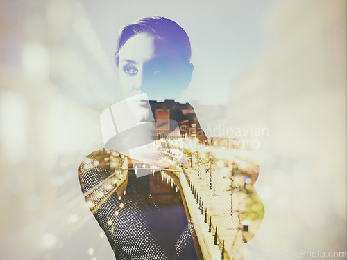 Image of Woman, buildings and night with double exposure, vision and fashion for fancy event, water or freedom by road. Girl, thinking and holographic overlay with cityscape, urban skyline or bokeh on street