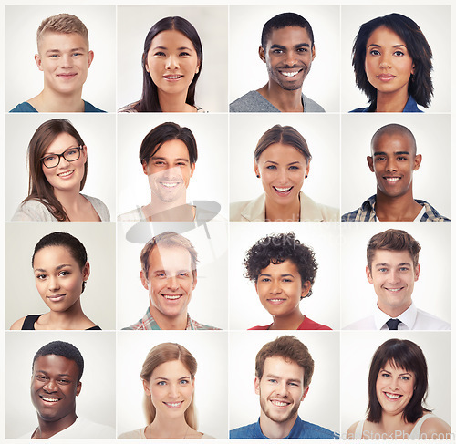 Image of Mosaic, face collage or portrait of happy people in a community group of society diversity or race. Headshot, country or montage of global men or women smile in studio isolated on white background