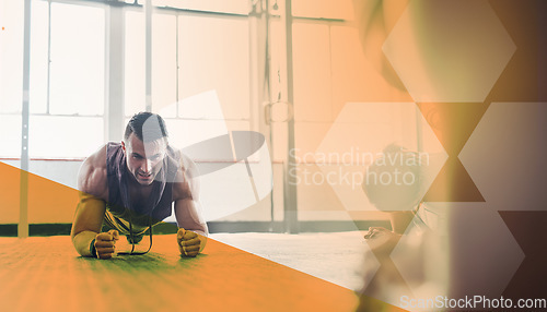 Image of Overlay, plank and man exercise in gym for health, wellness and core strength. Workout, planking and serious male athlete or person exercising, training abs and muscle at sports club for fitness.