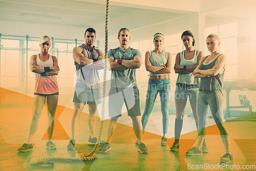 Image of Group fitness, portrait and people at gym for exercise, workout and training goals. Serious men and women team with arms crossed together for rope challenge, power or commitment at club with overlay