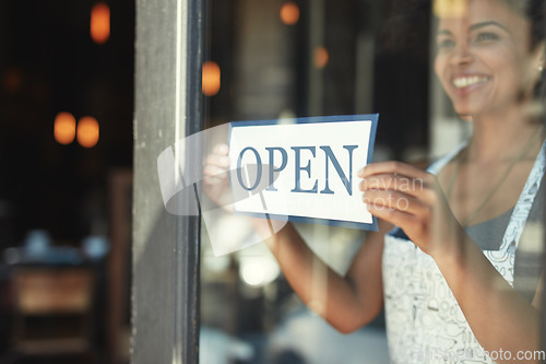 Image of Cafe open sign, window or woman happy, smile and pride for retail service, restaurant welcome or coffee shop. Small business owner, female manager or waitress person smiling for startup store opening