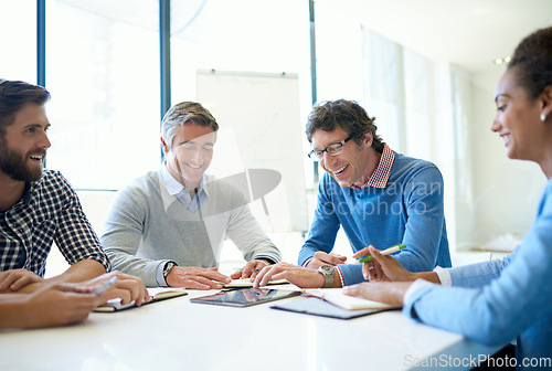 Image of Planning, happy and tablet with business people in meeting for idea, project management and teamwork. Review, collaboration and branding with employees in boardroom for digital, data and solution