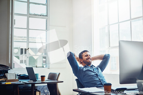 Image of Relax, office and businessman with hands behind his head after project success or achievement. Rest, productivity and professional male employee with finish work sitting by his desk in the workplace.