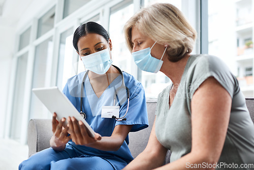 Image of Doctor, senior woman and tablet with mask for covid consultation and digital results. Patient, nurse and tech data with a female person with communication and health insurance information at clinic