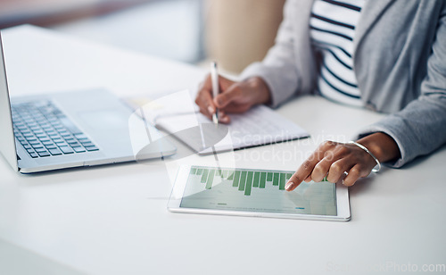 Image of Data, tablet and accountant working on graph results or planning company finance performance in an office. Woman, hands and financial advisor doing a growth analysis of a startup using statistics