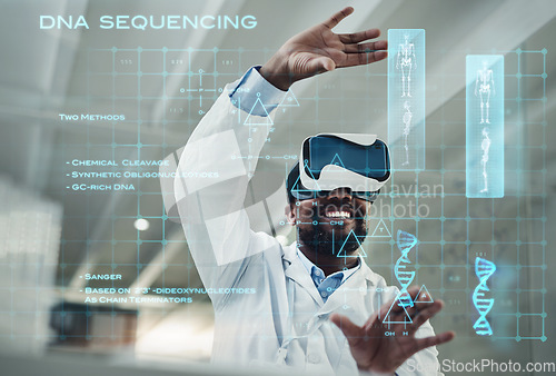 Image of Black man, doctor and VR for future DNA, experiment or dashboard in medical research at hospital. Happy African male healthcare professional smiling for virtual reality or laboratory technology