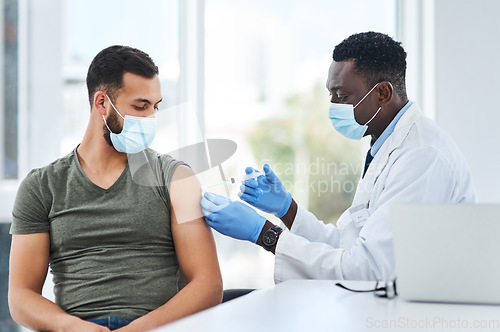 Image of Covid, vaccine and man doctor with syringe in healthcare consultation for safety or prevention. Corona, vaccination and arm injection for guy person by physician in face mask for hospital compliance