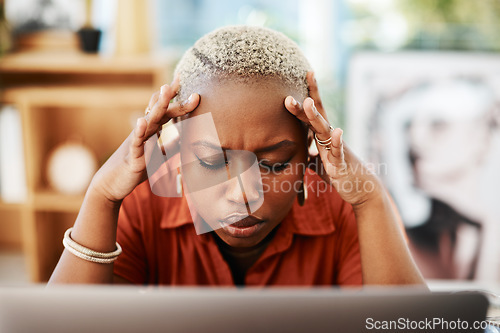 Image of Headache, stress and black woman with laptop in office for error, mistake and network problem. Business, technology and female worker with burnout, frustrated face and migraine for computer issue