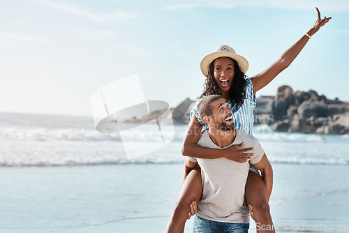 Image of Adventure, beach and piggyback, couple with blue sky, space and mockup on holiday travel to ocean. Love, happy man and excited woman at sea with happiness on date in sunshine and vacation in Mexico.